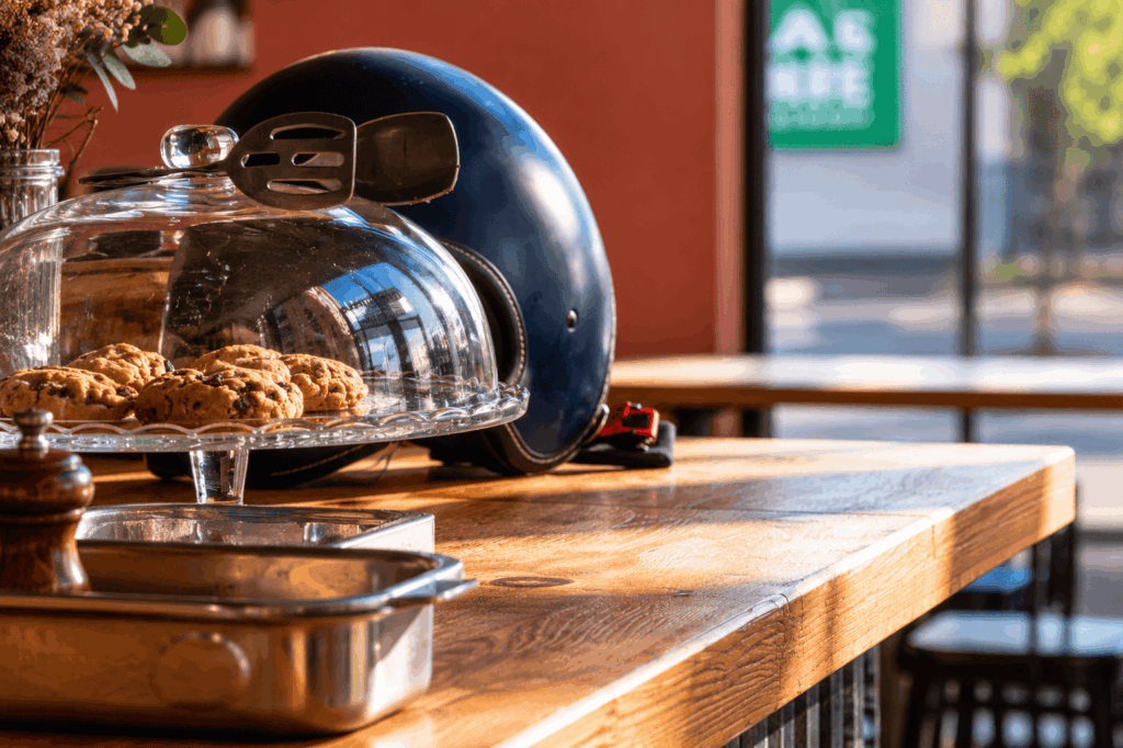 Comptoir en bois chez Abuelo avec cloche à biscuits et ambiance chaleureuse à la Cartoucherie Toulouse